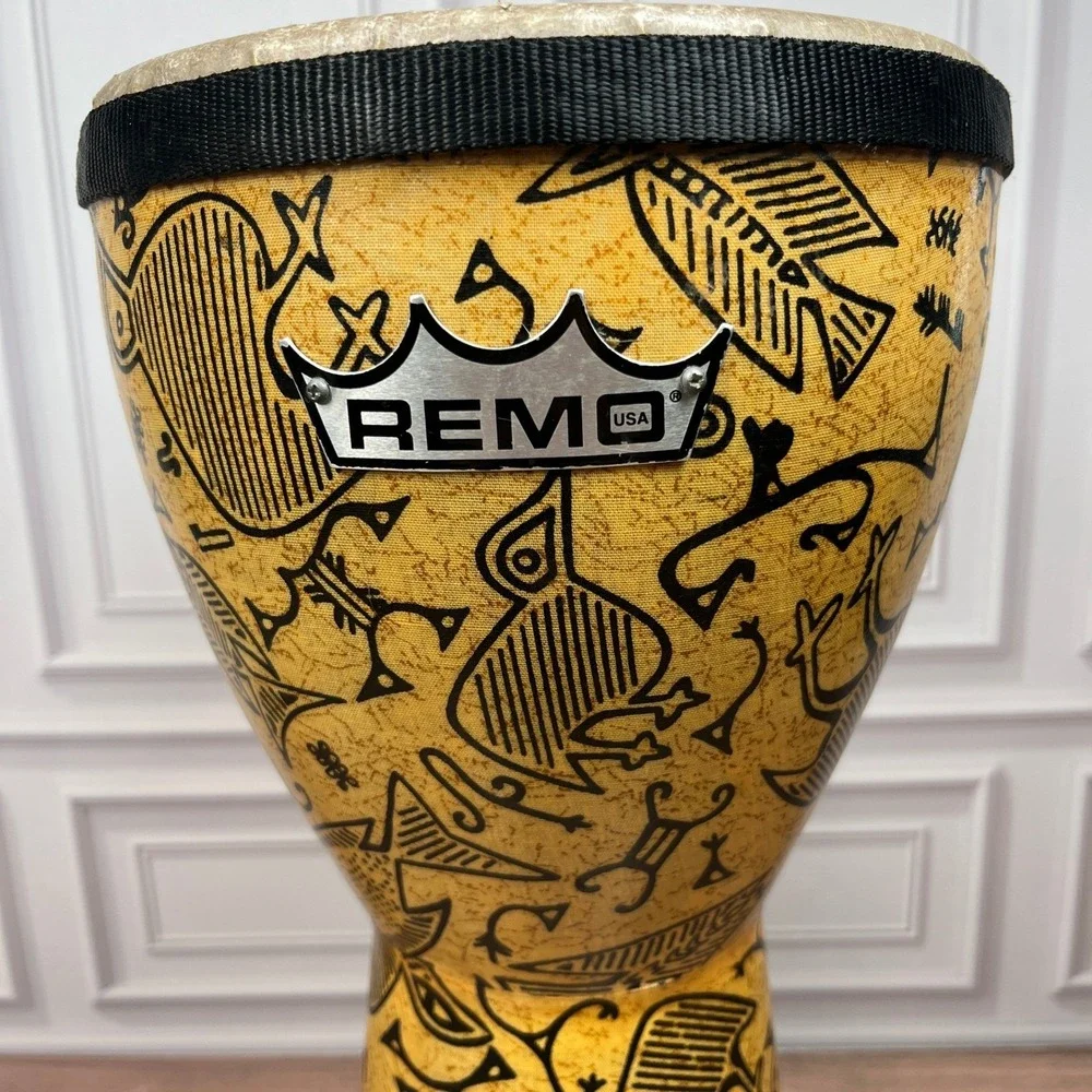 Remo Djembe Hand Drum Yellow Black Petroglyph Fish Bird Print 14